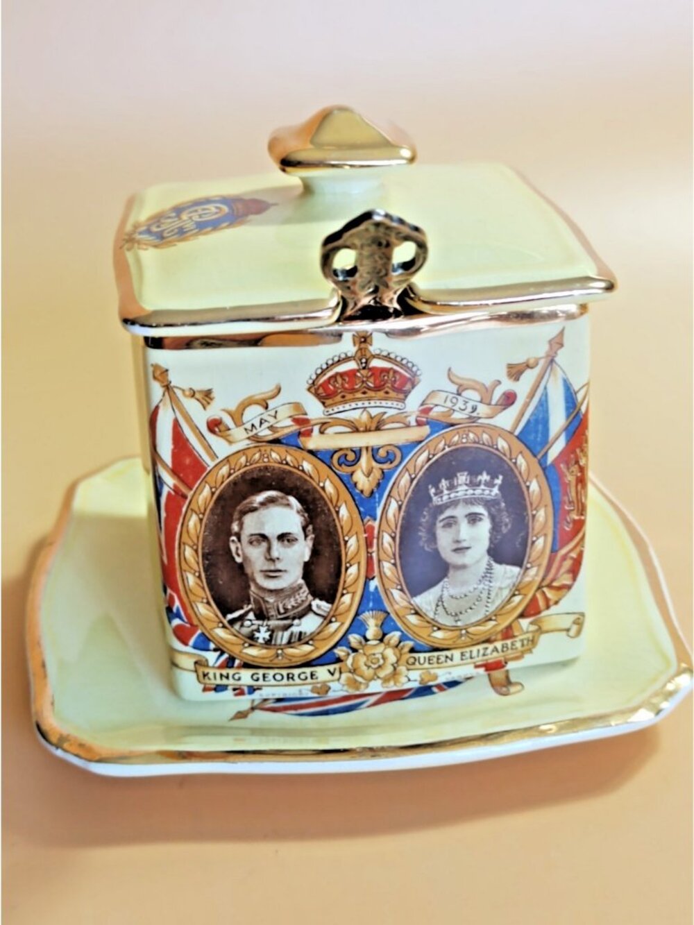 Royal Winton Grimwade Mustard Pot with Underplate RARE King & Queen Visit 1939